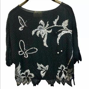 Vintage Butterfly Sequined Top Black Silk Silver Beads